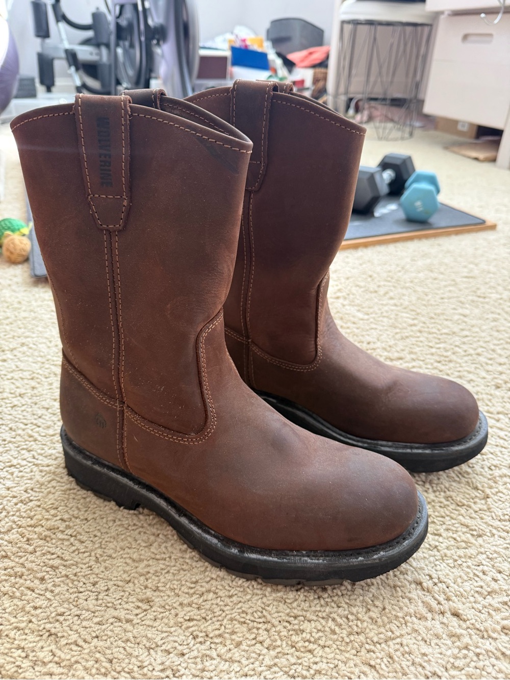 Wolverine Brown Leather Pull-On Western Work Boots 10.5 EXTRA WIDE